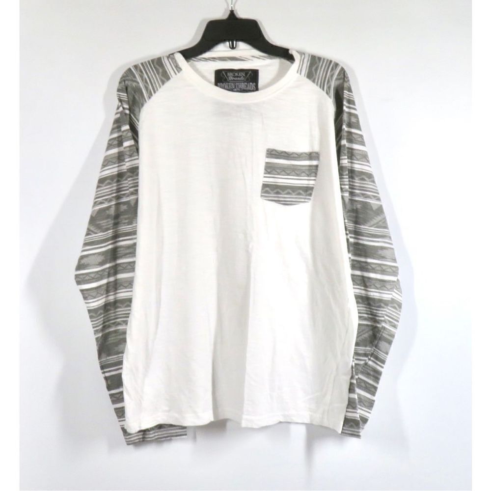Broken Threads White Baseball Tee Long Sleeve T Shirt Gray Stripe Sleeves Men XL